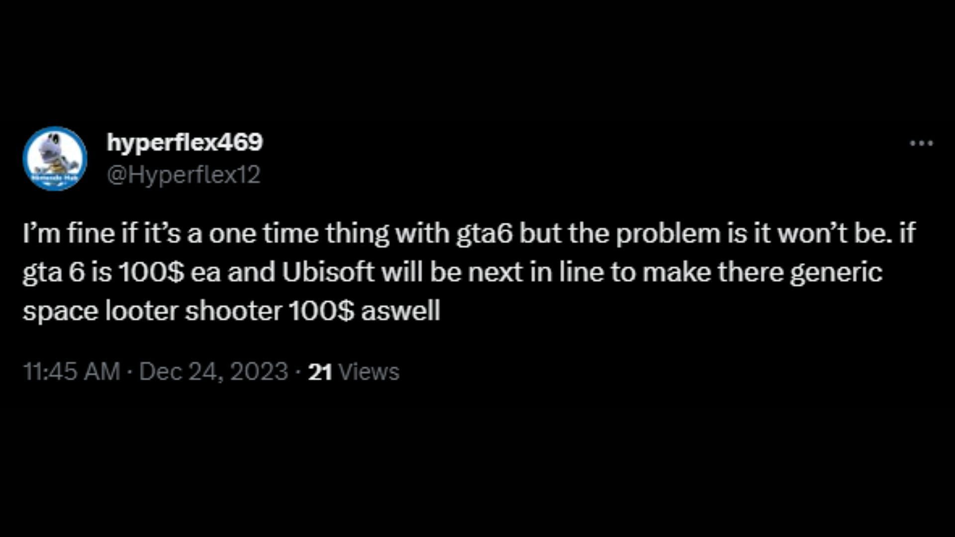 Grand Theft Auto 6, costing $100 per copy, may encourage other developers to do the same for their games (Image via X/@Hyperflex12)